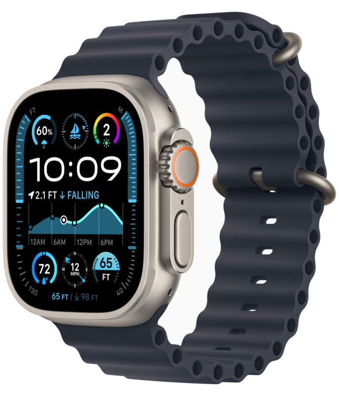 Фото Apple Watch Ultra 2 GPS + Cellular, 49 мм, корпус из бежевого титана, ремешок Ocean тёмно-синего цвета На фото изображено Apple Watch Ultra 2 GPS + Cellular, 49 мм, корпус из бежевого титана, ремешок Ocean тёмно-синего цвета
