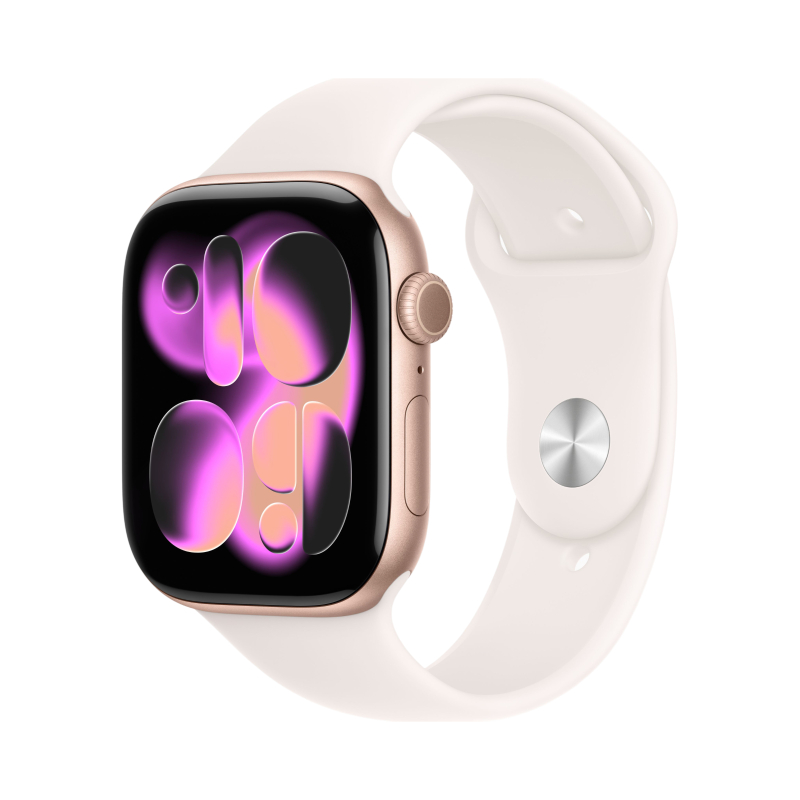 Фото Apple Watch Series 11, 46 мм, корпус из алюминия цвета «Розовое золото», спортивный ремешок, размер M/L На фото изображено Apple Watch Series 11, 46 мм, корпус из алюминия цвета «Розовое золото», спортивный ремешок, размер M/L