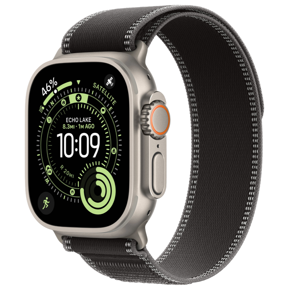 Фото Apple Watch Ultra 3 GPS + Cellular, 49 мм, корпус из натурального титана, ремешок Trail, цвет чёрный, S/M На фото изображено Apple Watch Ultra 3 GPS + Cellular, 49 мм, корпус из натурального титана, ремешок Trail, цвет чёрный, S/M