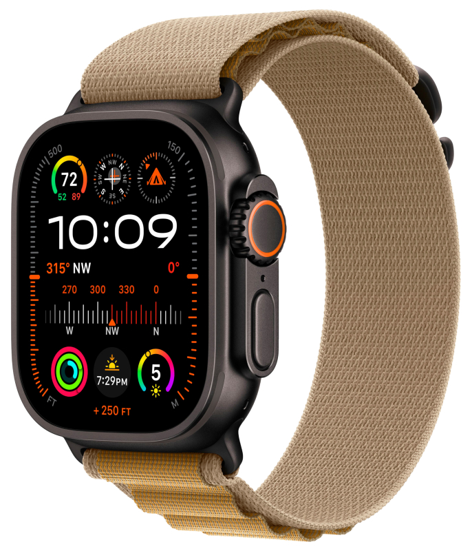Фото Apple Watch Ultra 2 GPS + Cellular, 49 мм, корпус из черного титана, ремешок Alpine цвета «загар», размер M На фото изображено Apple Watch Ultra 2 GPS + Cellular, 49 мм, корпус из черного титана, ремешок Alpine цвета «загар», размер M