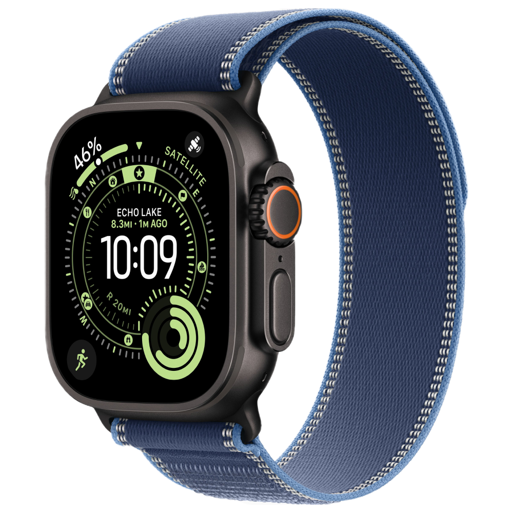Фото Apple Watch Ultra 3 GPS + Cellular, 49 мм, корпус из чёрного титана, ремешок Trail, цвет синий, S/M Фото Apple Watch Ultra 3 GPS + Cellular, 49 мм, корпус из чёрного титана, ремешок Trail, цвет синий, S/M