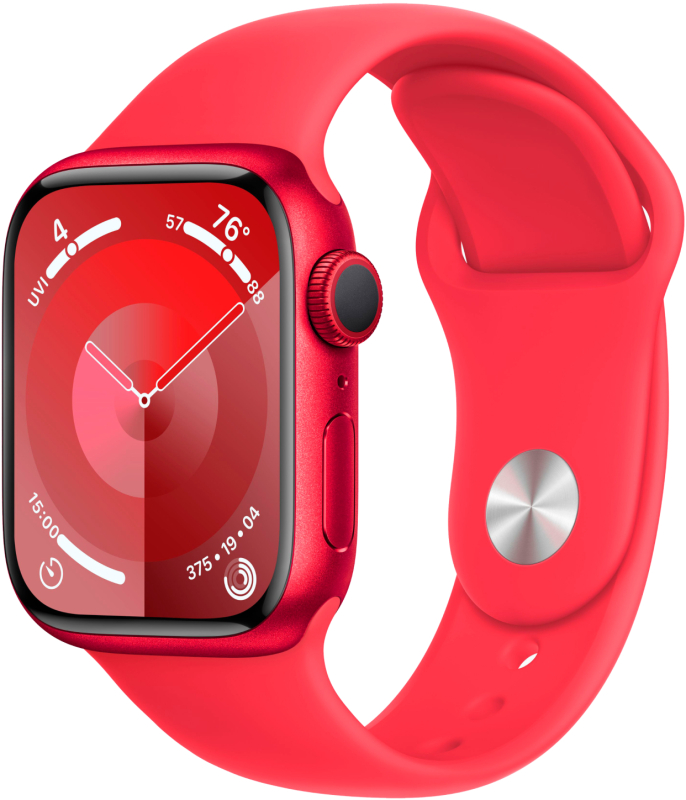 Фото Apple Watch Series 9, 45 мм, корпус из алюминия цвета «(PRODUCT)RED», спортивный ремешок, размер M/L На фото изображено Apple Watch Series 9, 45 мм, корпус из алюминия цвета «(PRODUCT)RED», спортивный ремешок, размер M/L